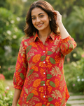 Vibrant Floral & Leaf Print Crepe Shirt
