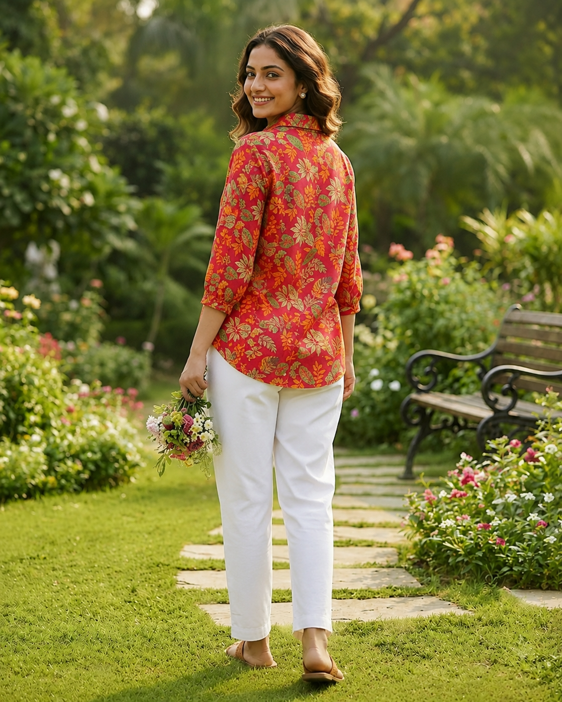 Vibrant Floral & Leaf Print Crepe Shirt