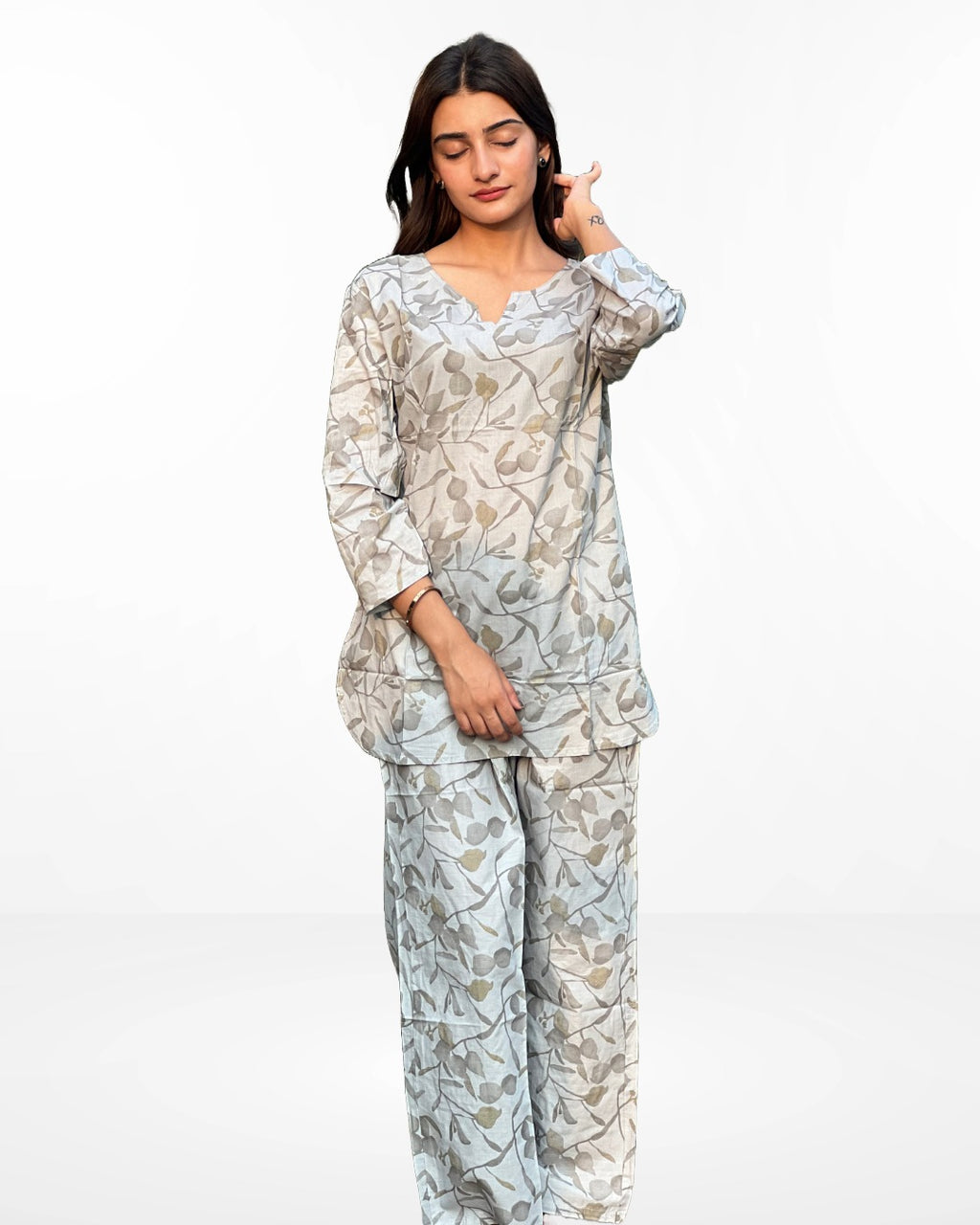 Leaves in Grey - Co-ord Set - Woman Cotton Night & Day Wear.