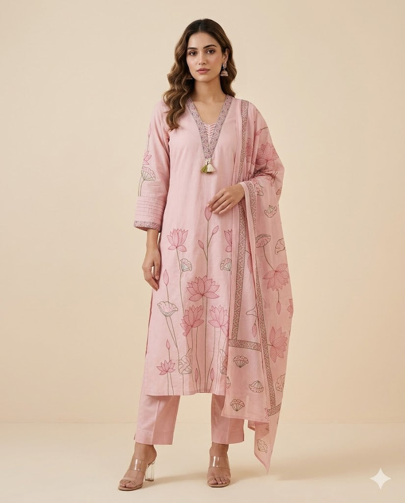 Blush Pink Embroidered Cotton Suit Set