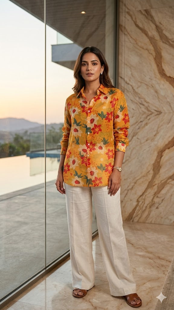 Vibrant Floral & Leaf Print Crepe Shirt