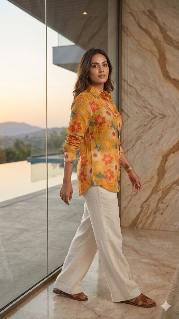 Vibrant Floral & Leaf Print Crepe Shirt