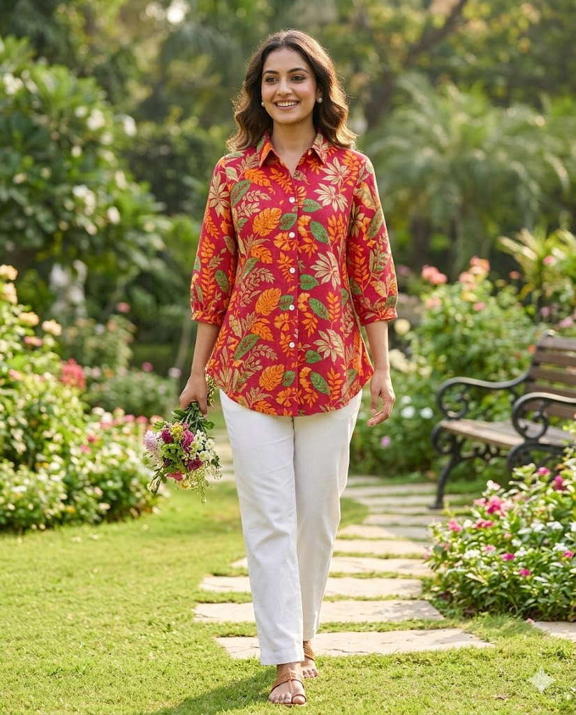 Vibrant Floral & Leaf Print Crepe Shirt