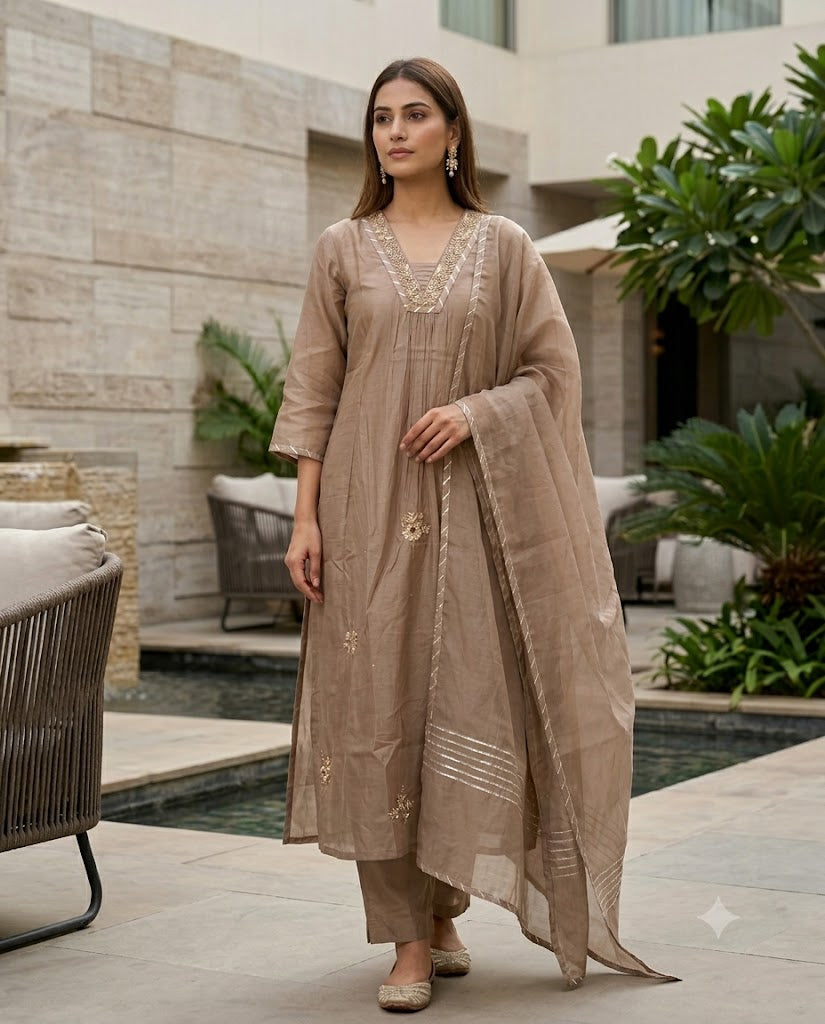 Mocha Beige Chanderi Cotton Suit Set