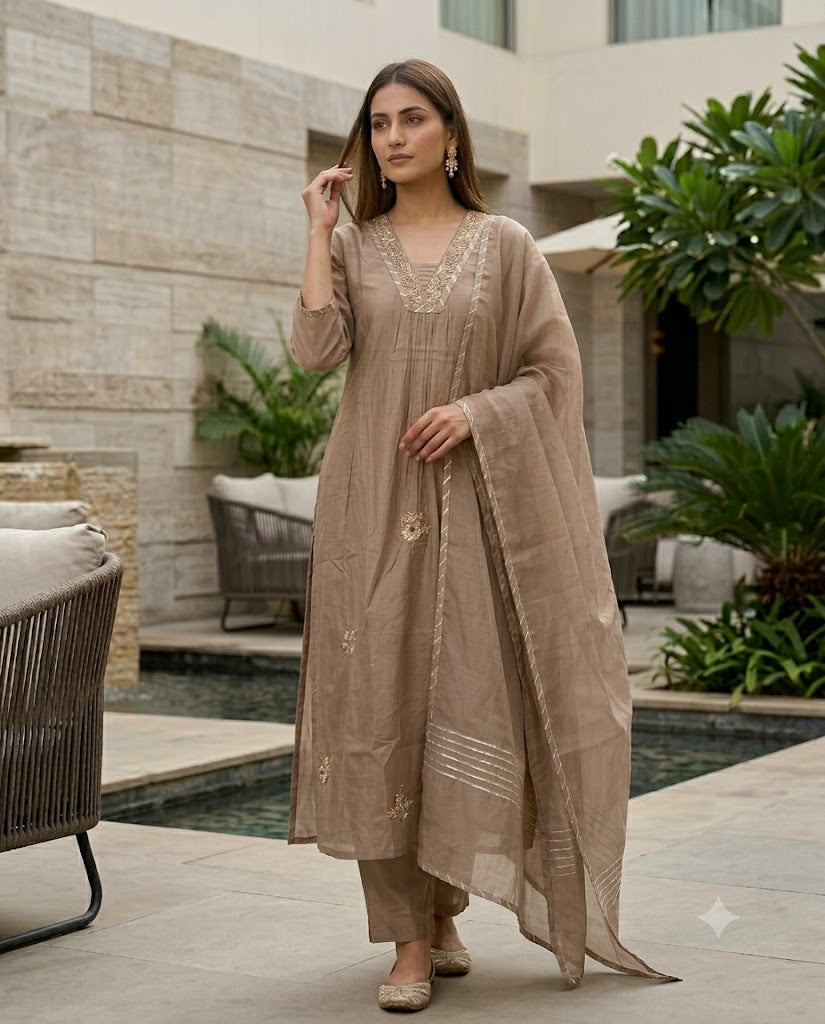 Mocha Beige Chanderi Cotton Suit Set
