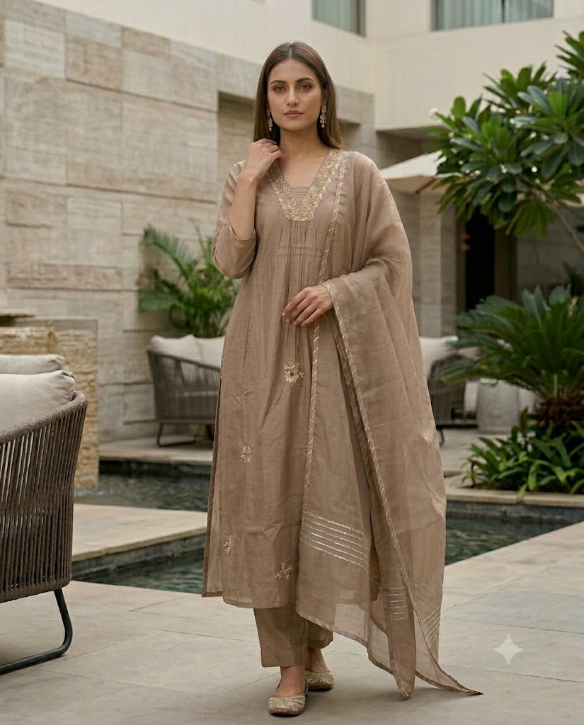 Mocha Beige Chanderi Cotton Suit Set