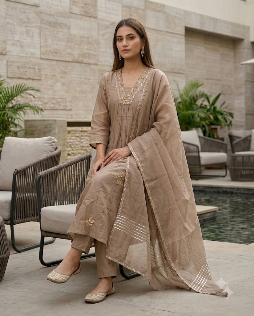 Mocha Beige Chanderi Cotton Suit Set