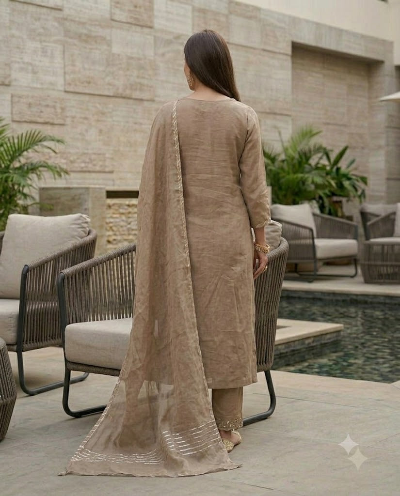 Mocha Beige Chanderi Cotton Suit Set