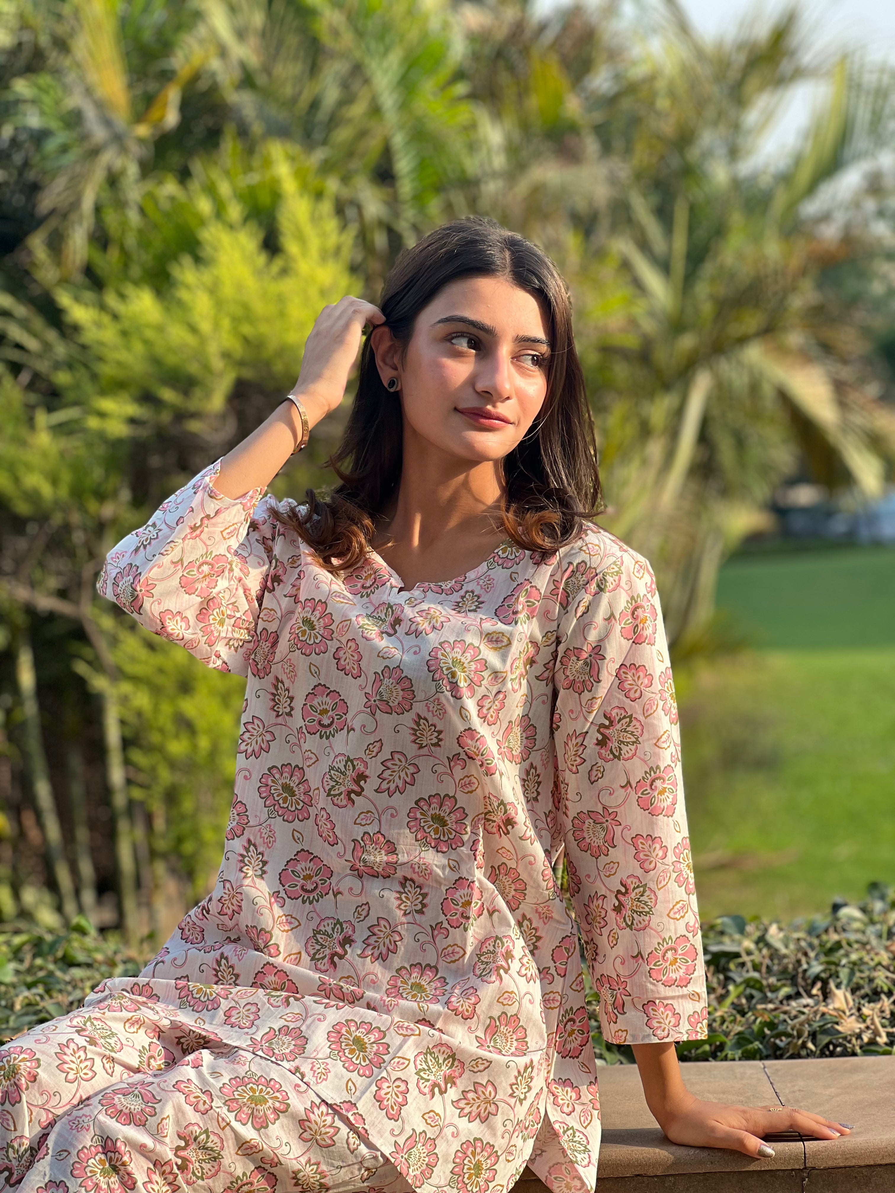 Desert Rose Pink & White - Co-ord Set - Woman Cotton Night & Day Wear.