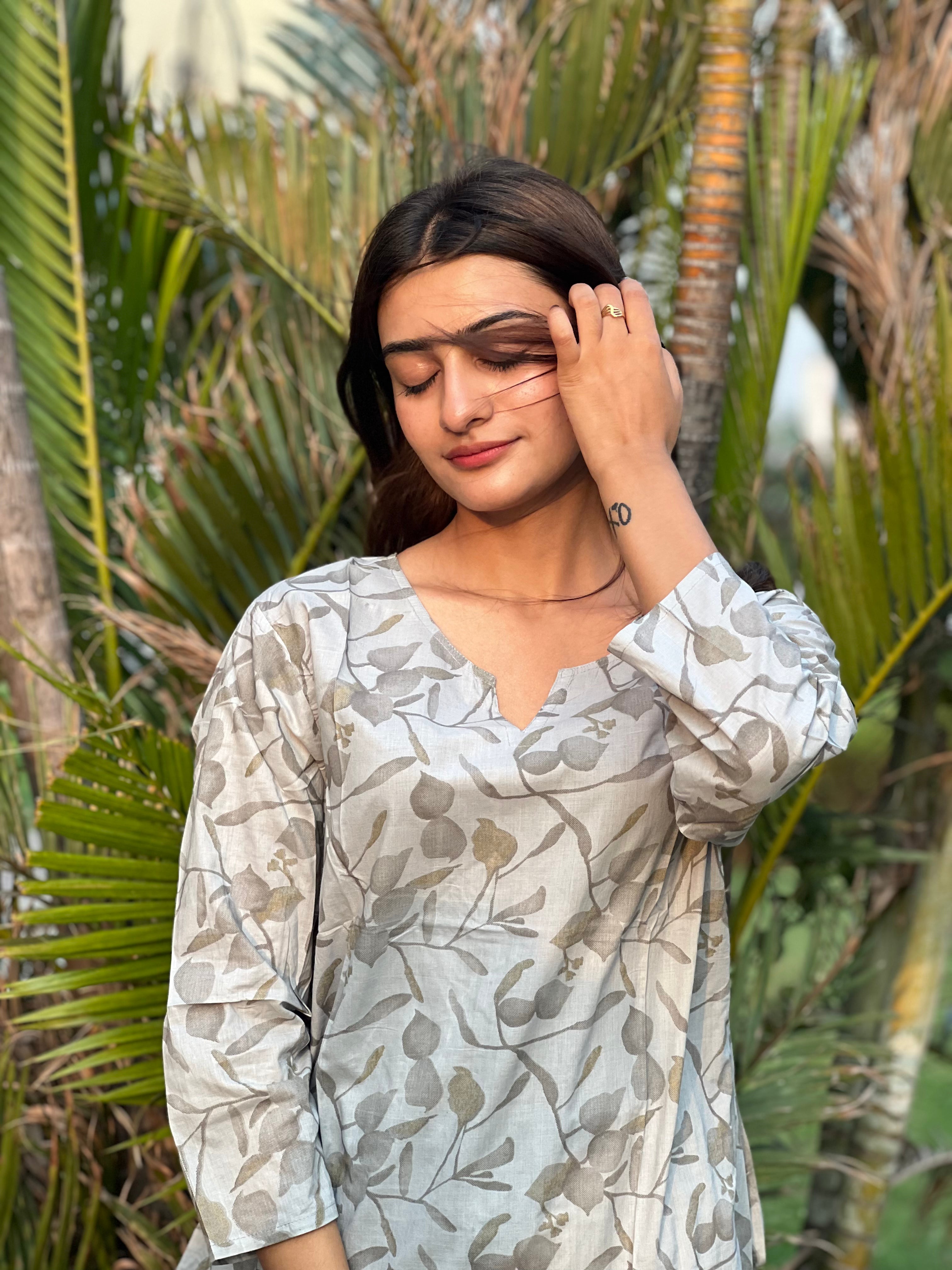 Leaves in Grey - Co-ord Set - Woman Cotton Night & Day Wear.