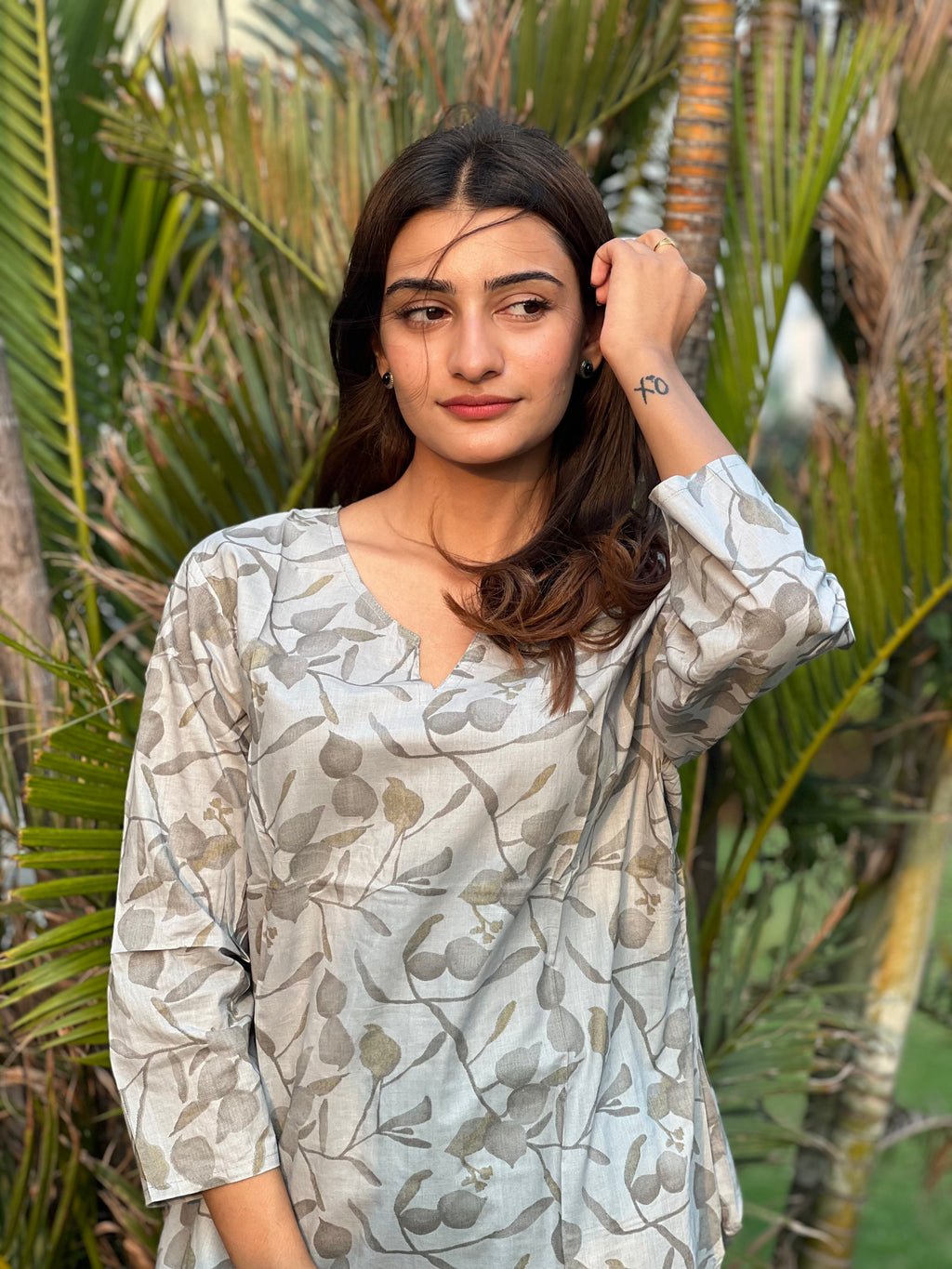 Leaves in Grey - Co-ord Set - Woman Cotton Night & Day Wear.