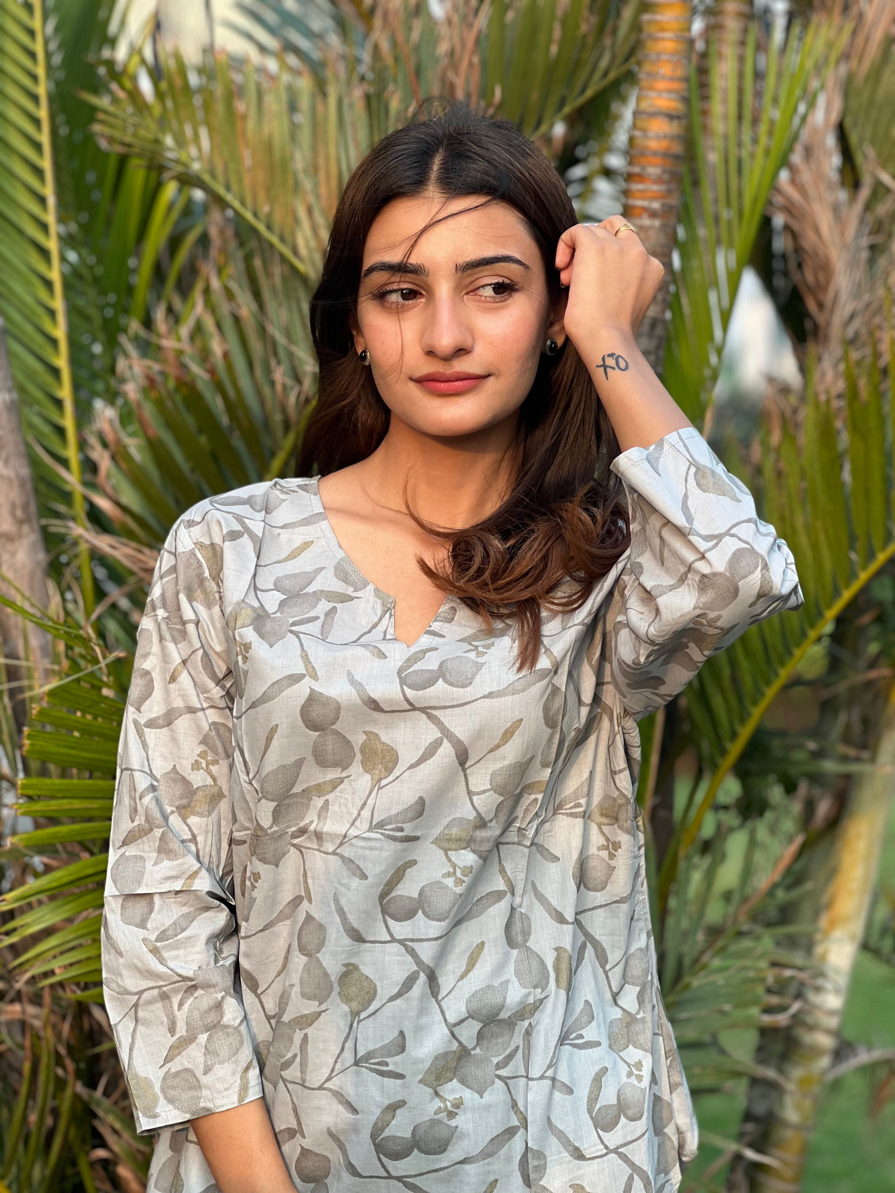 Leaves in Grey - Co-ord Set - Woman Cotton Night & Day Wear.