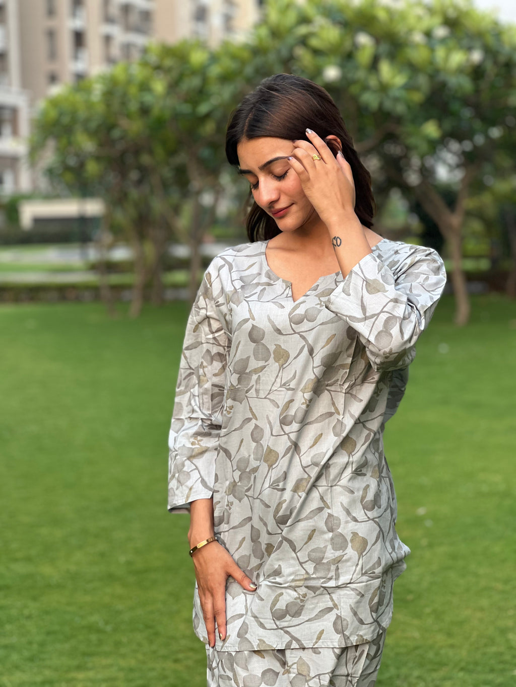 Leaves in Grey - Co-ord Set - Woman Cotton Night & Day Wear.