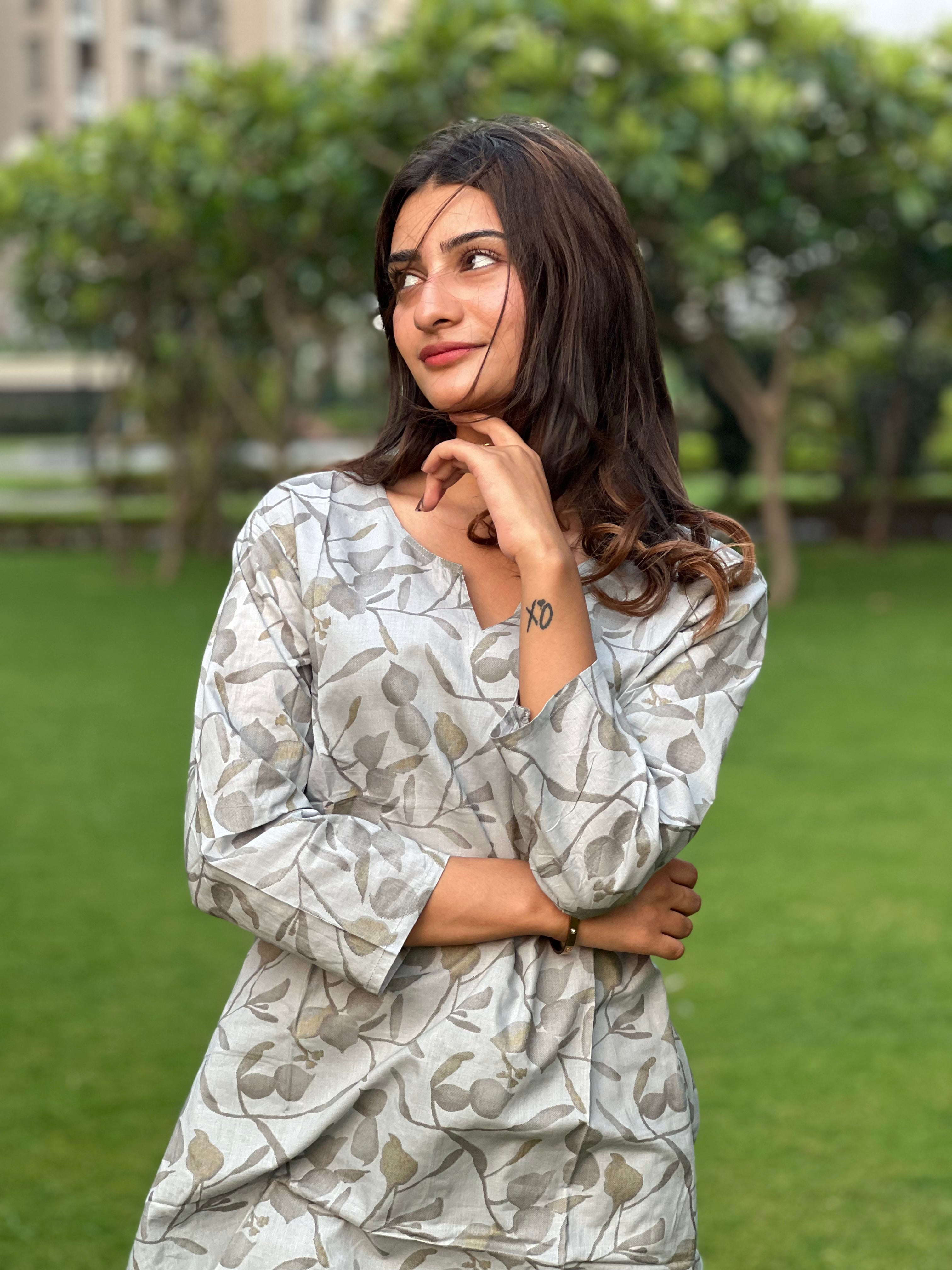 Leaves in Grey - Co-ord Set - Woman Cotton Night & Day Wear.